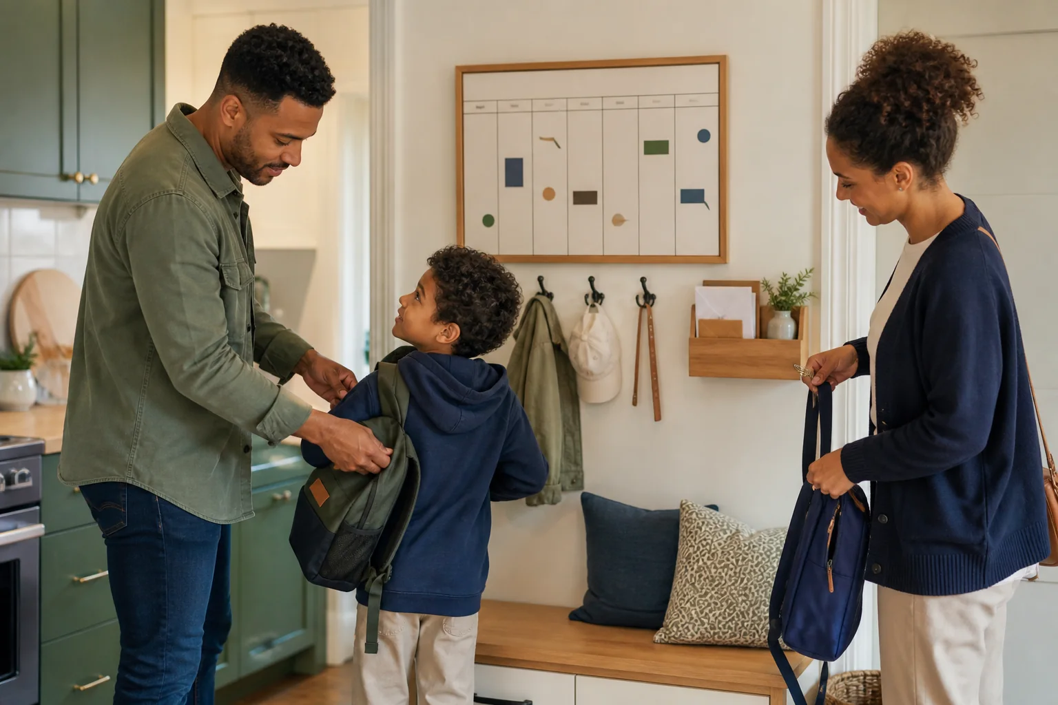 Family organization wall with calendar, mail pockets, key hooks, and a small shelf in a kitchen passage