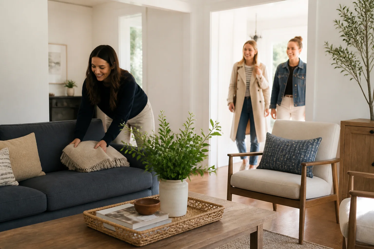 Comfortable living room with a sofa, two movable chairs, nesting tables, and a tray ready for drinks