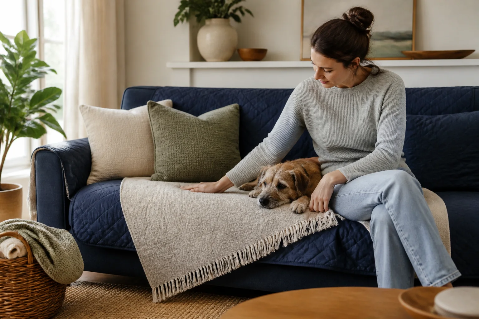 Dog resting on a sofa layered with a washable throw, fitted cover, and coordinated cushion covers