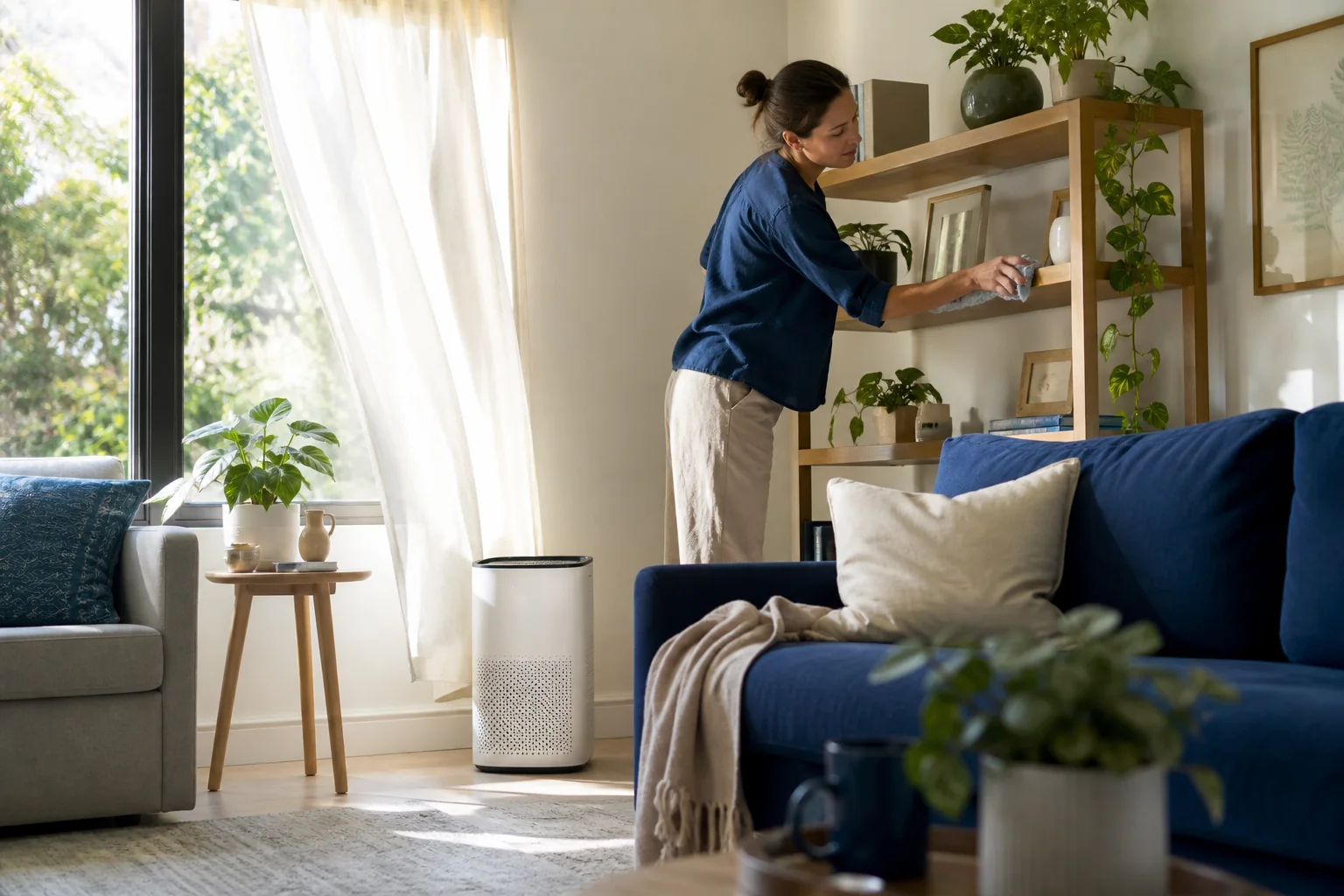 Sunny living room with an open window, a portable air cleaner, houseplants, and a vacuum near a rug