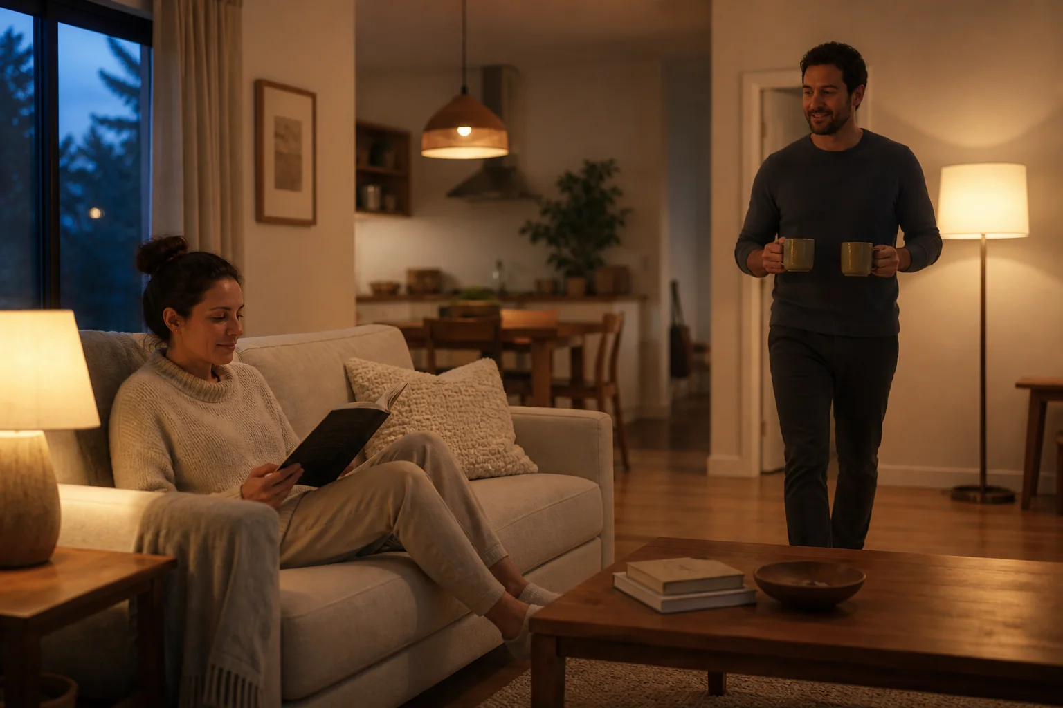 Warm evening living room lit by a shaded floor lamp, table lamp, and small reading light