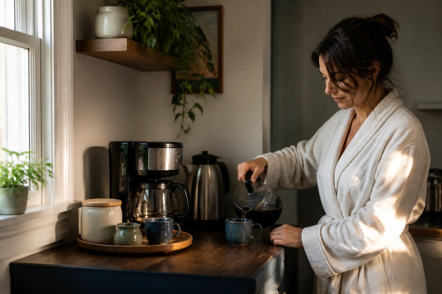 Home coffee station with a coffee maker, grinder, mugs, beans, and a tray on a bright kitchen counter