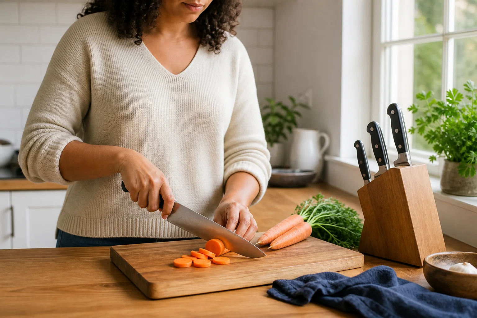 Home cook chopping vegetables with a chef's knife on a stable cutting board beside two stored kitchen knives