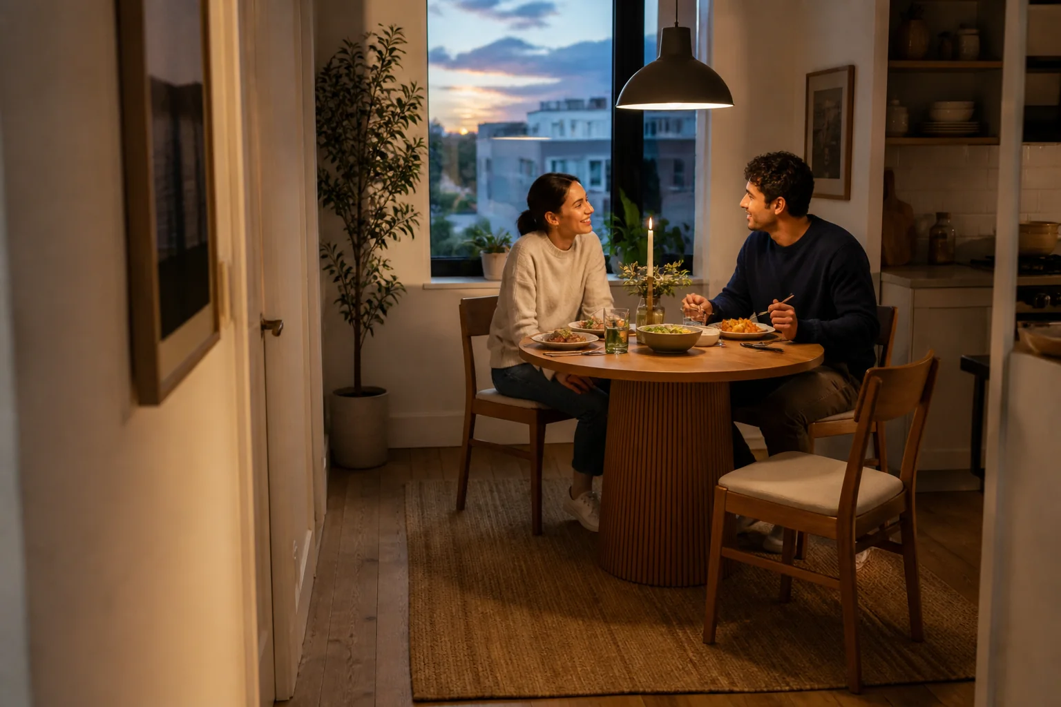 Compact dining nook with a round table, four slim chairs, and a pendant light in a small apartment