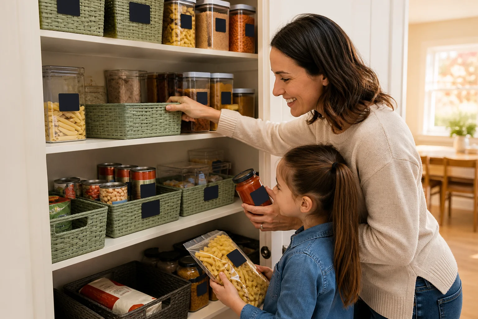 Open kitchen pantry with labeled bins, jars, baskets, and everyday ingredients