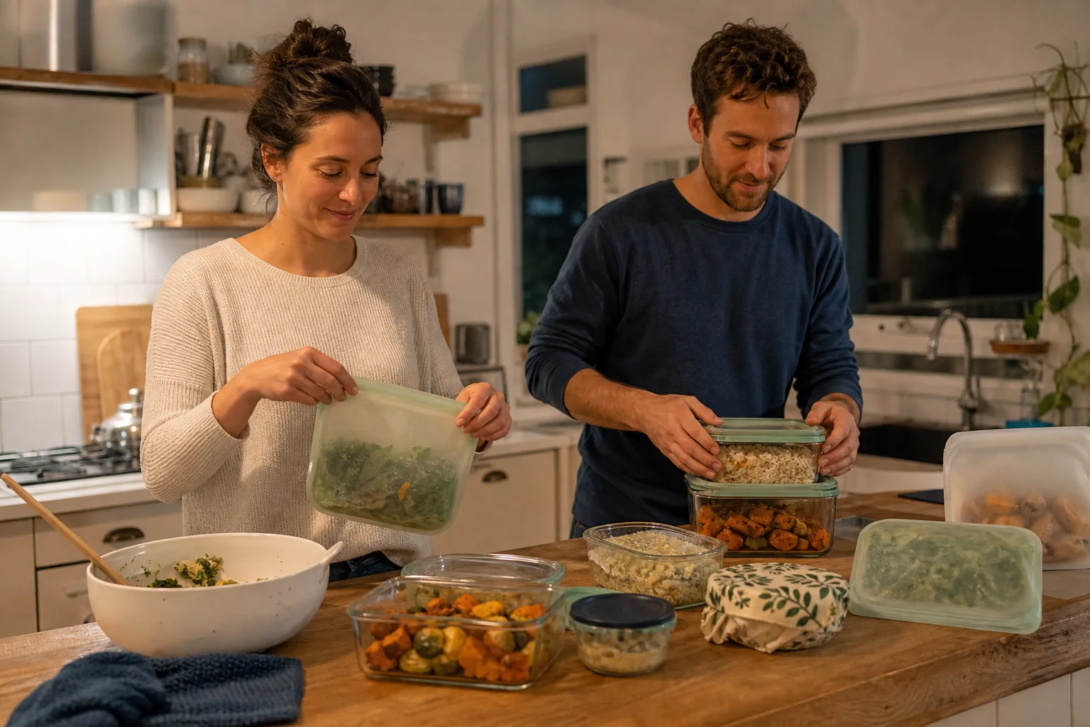 Reusable glass containers, silicone bags, and lunch boxes arranged on a kitchen counter