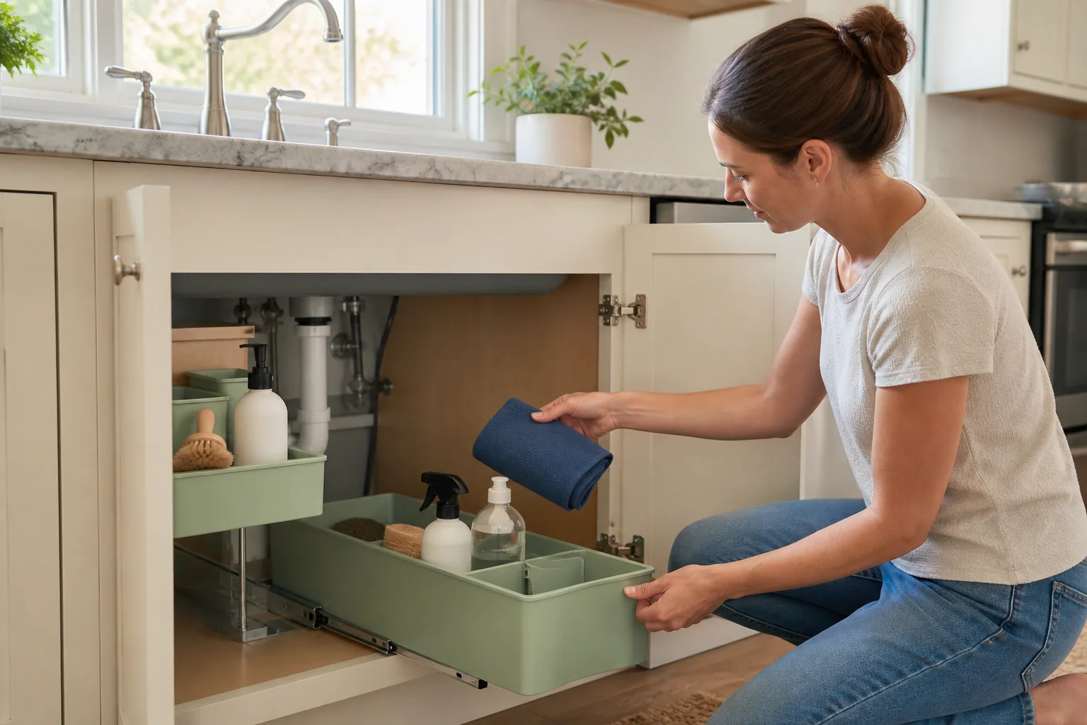 Organized kitchen sink cabinet with pipes, sliding bins, and neatly stored cleaning supplies