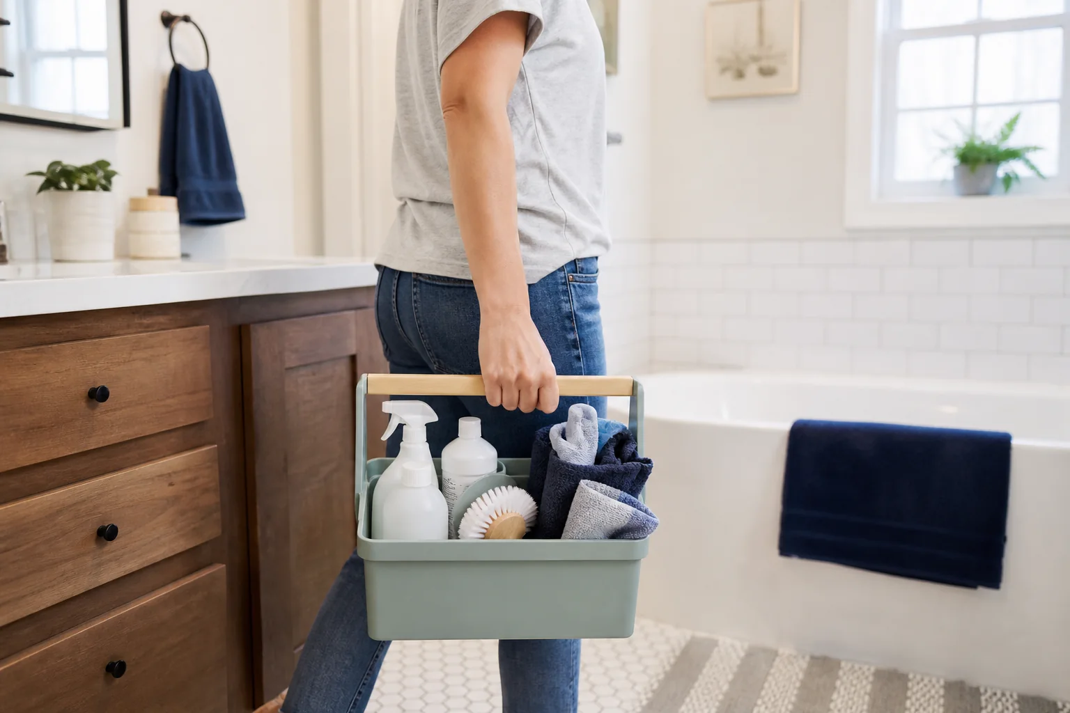 Handled cleaning caddy with cloths, brushes, and labeled bottles beside a bathroom sink