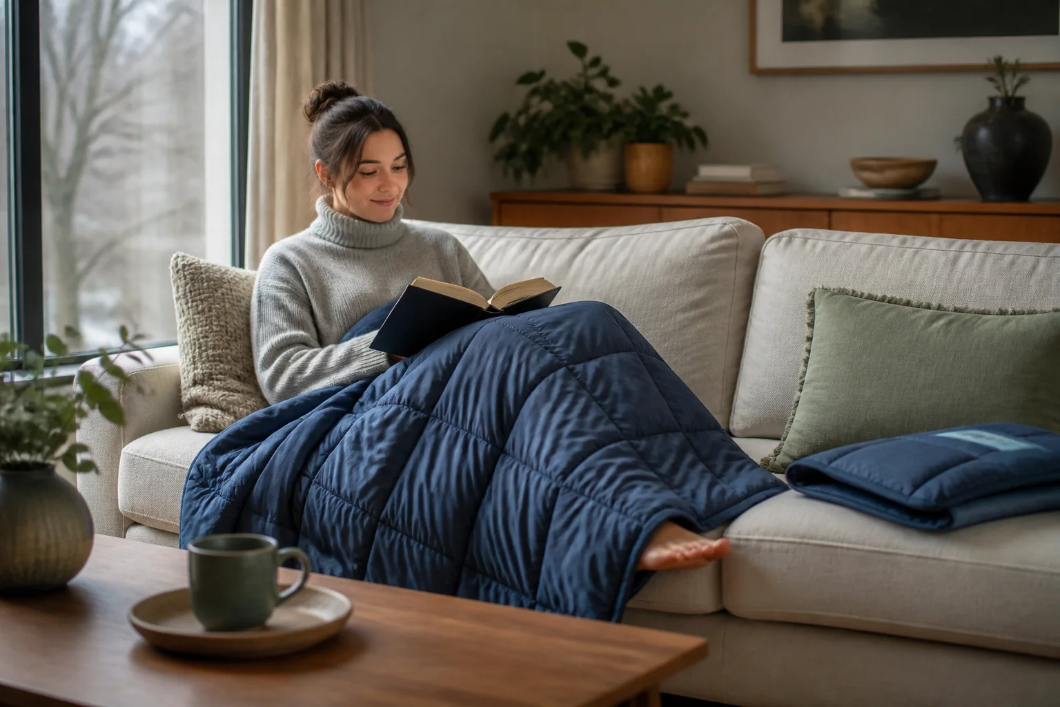 Adult relaxing on a sofa under a textured weighted blanket in a warm living room