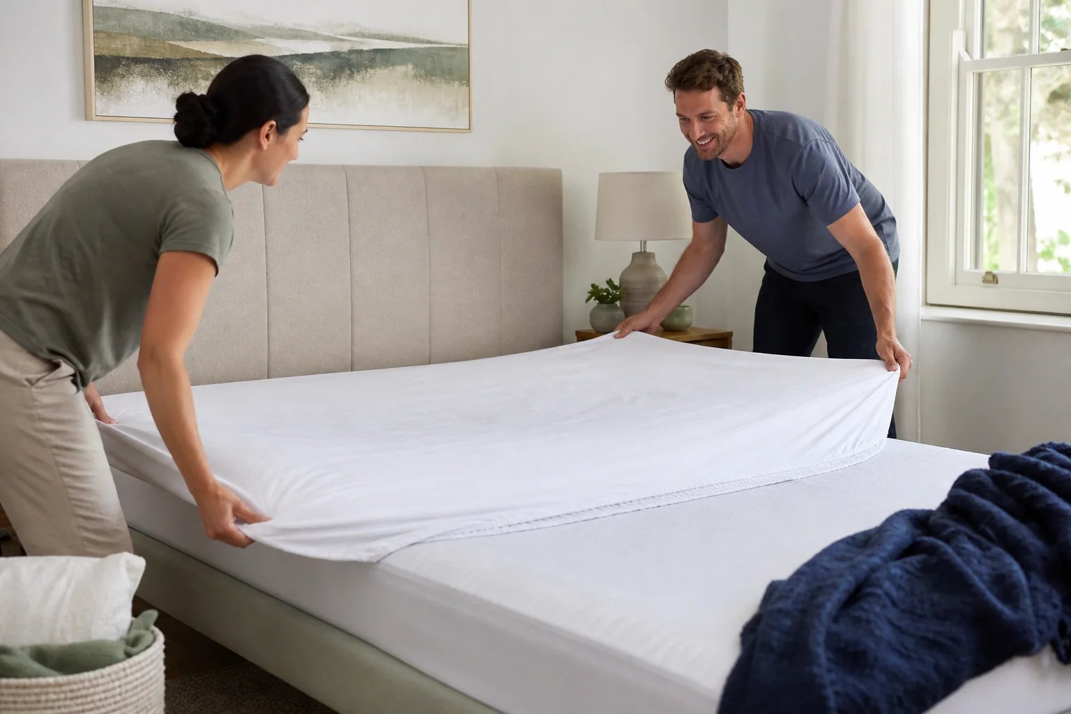 Person fitting a clean white mattress protector over a bed in a sunlit bedroom