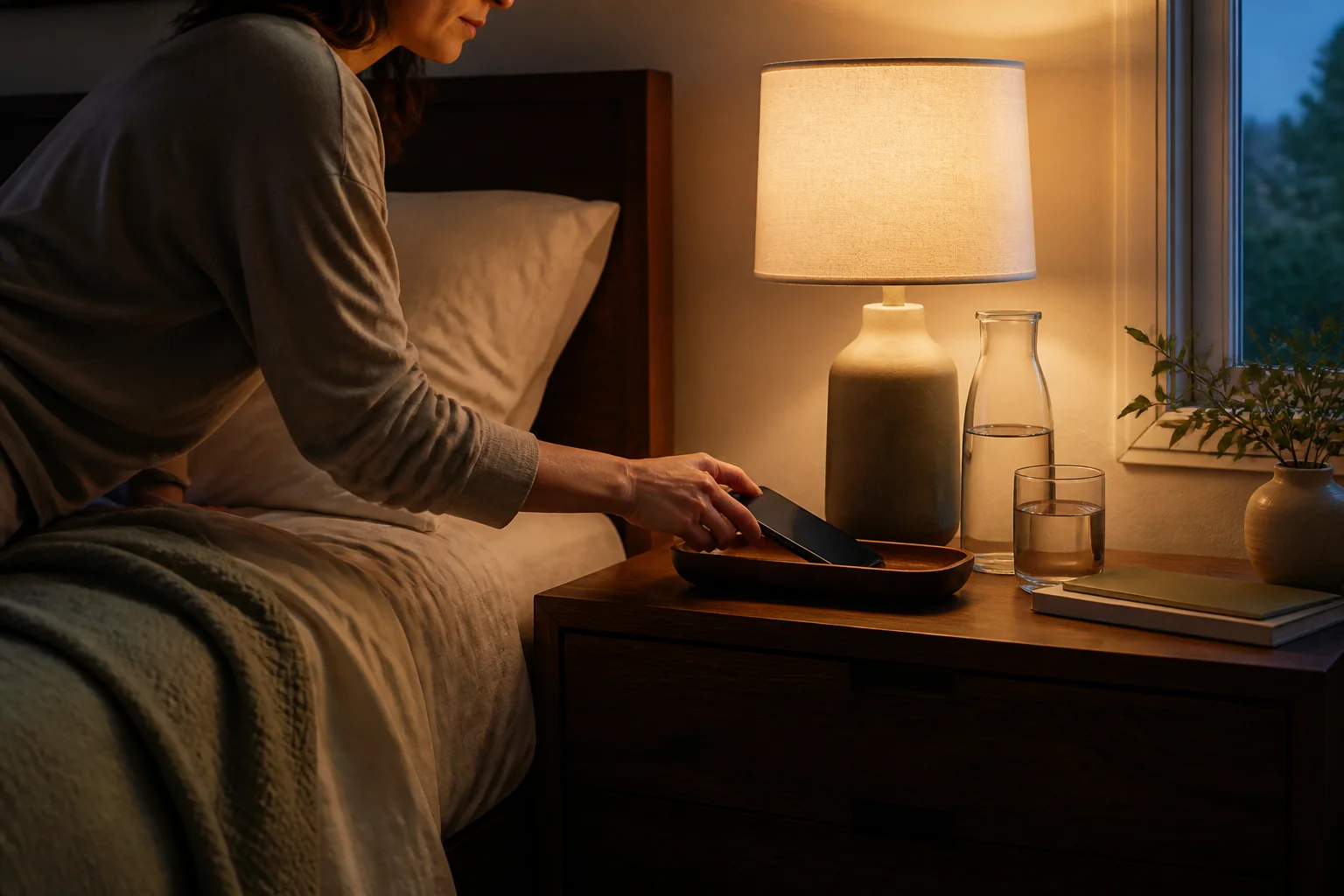 Calm bedside table with a lamp, book, water glass, and small tray in a lived-in bedroom