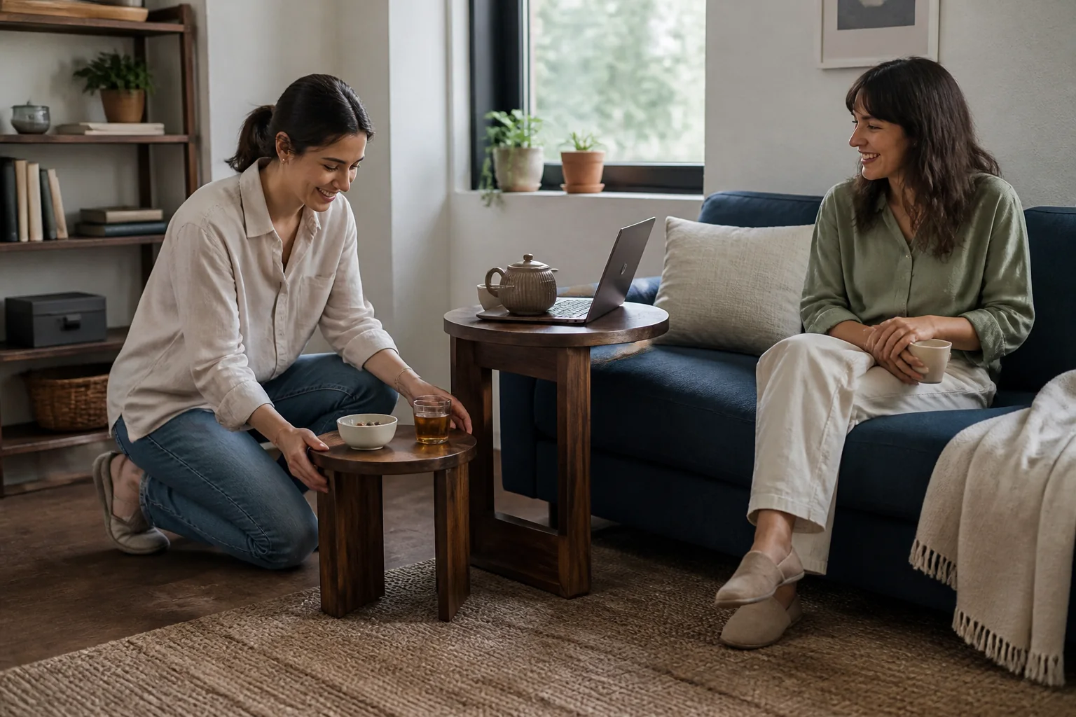 Two nesting tables separated beside a compact sofa with drinks and a book