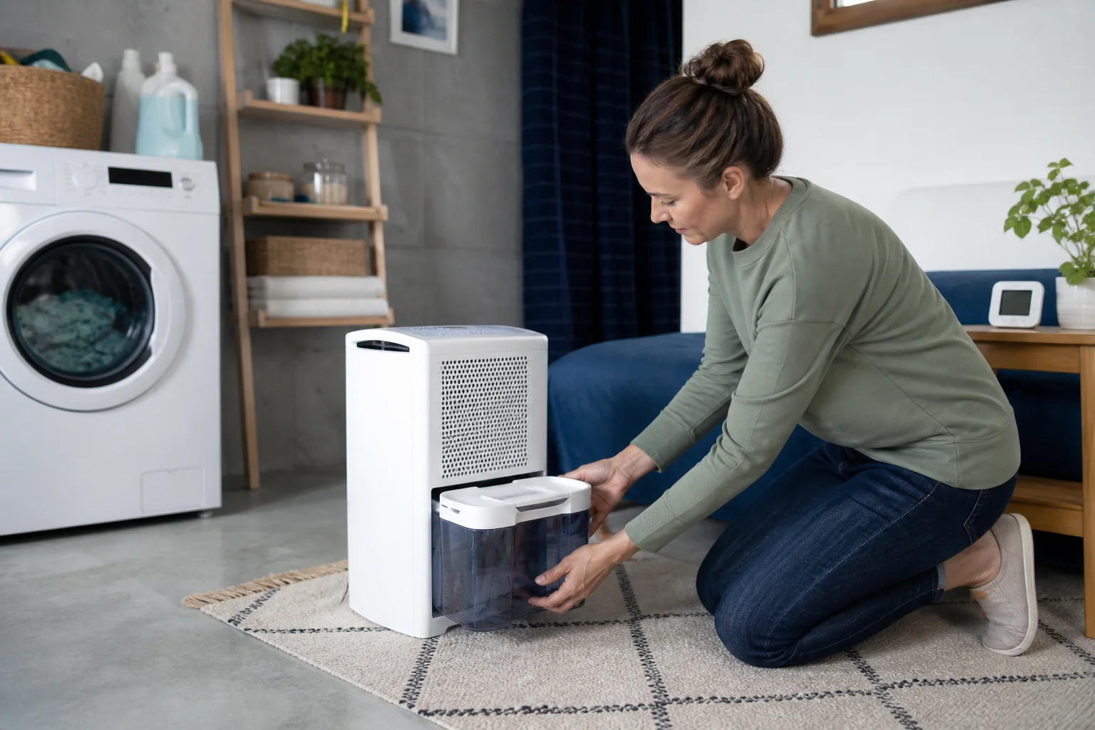 Compact dehumidifier operating near a laundry drying rack in a small apartment room
