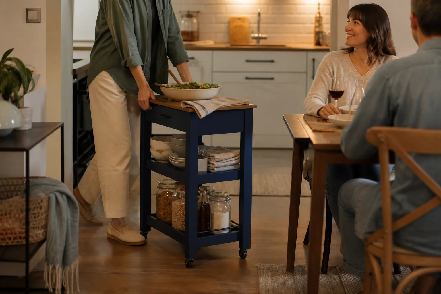 Compact rolling kitchen cart used for vegetable prep in a small home kitchen