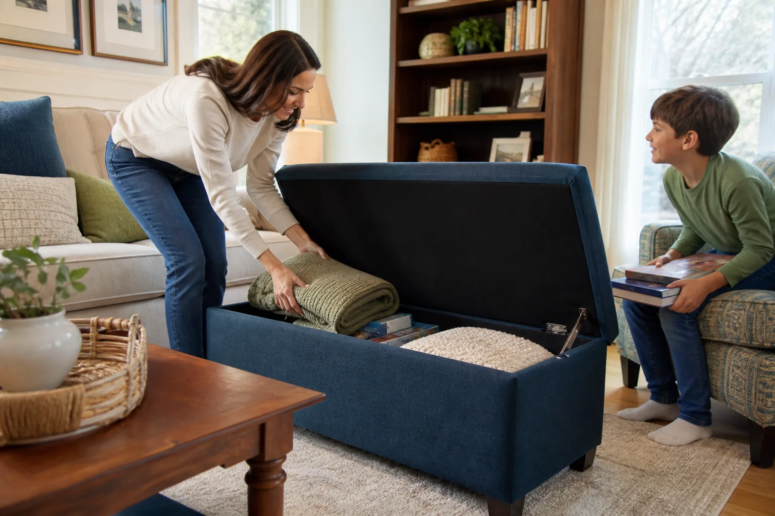 Upholstered storage ottoman open beside a sofa with folded blankets inside