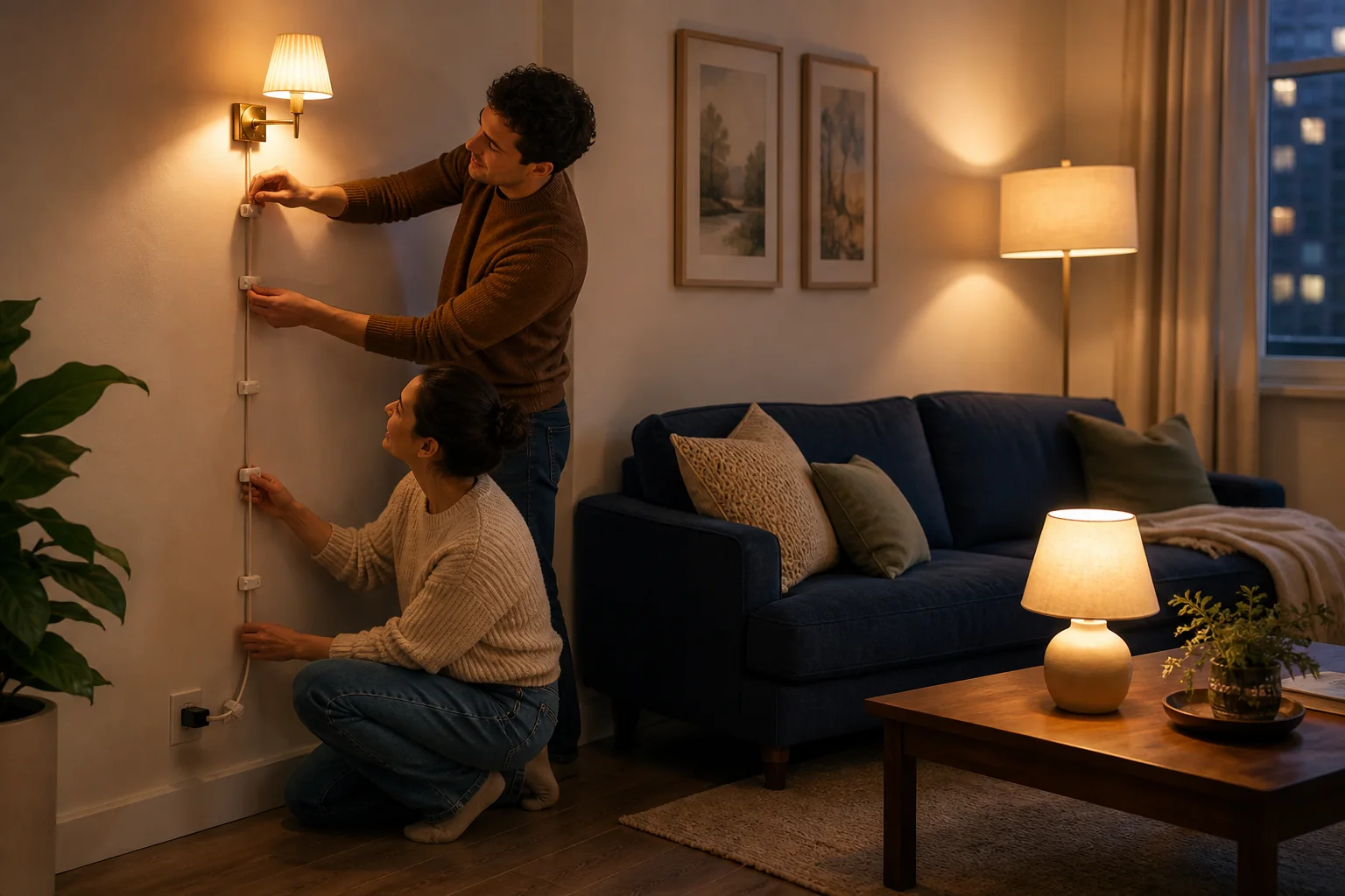 Warm plug-in floor lamp and table lamp lighting a comfortable rental apartment living room